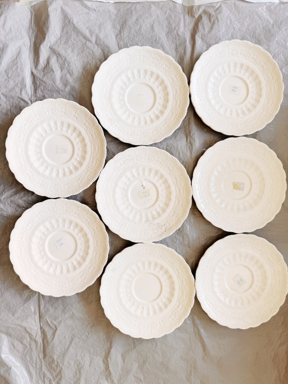 Vintage Spode England Jewel Design C1890 Embossed Creamware Saucers Lot of 8